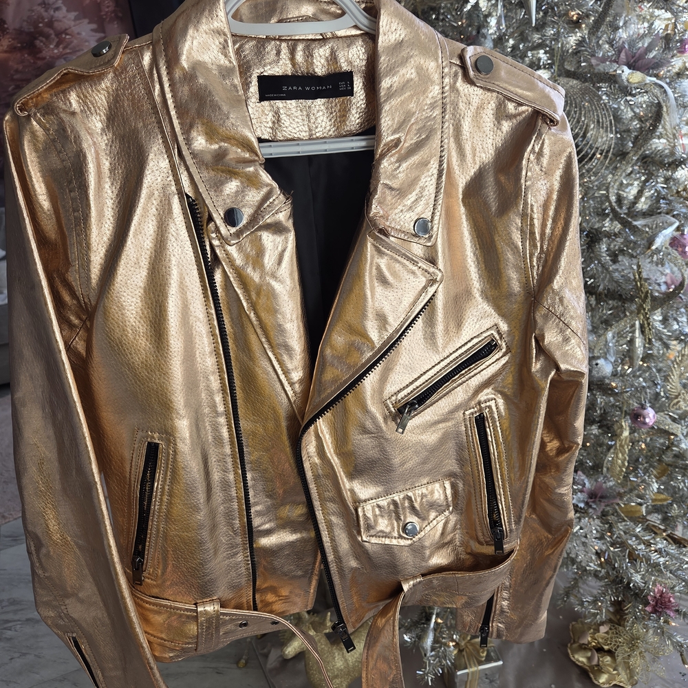 Zara Women's Metallic Gold Leather Jacket